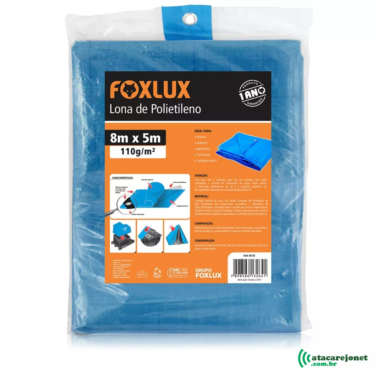 Lona Carreteiro Azul 8x5m 150 micras 110g/m2 com Ilhoses Metálicos - Foxlux